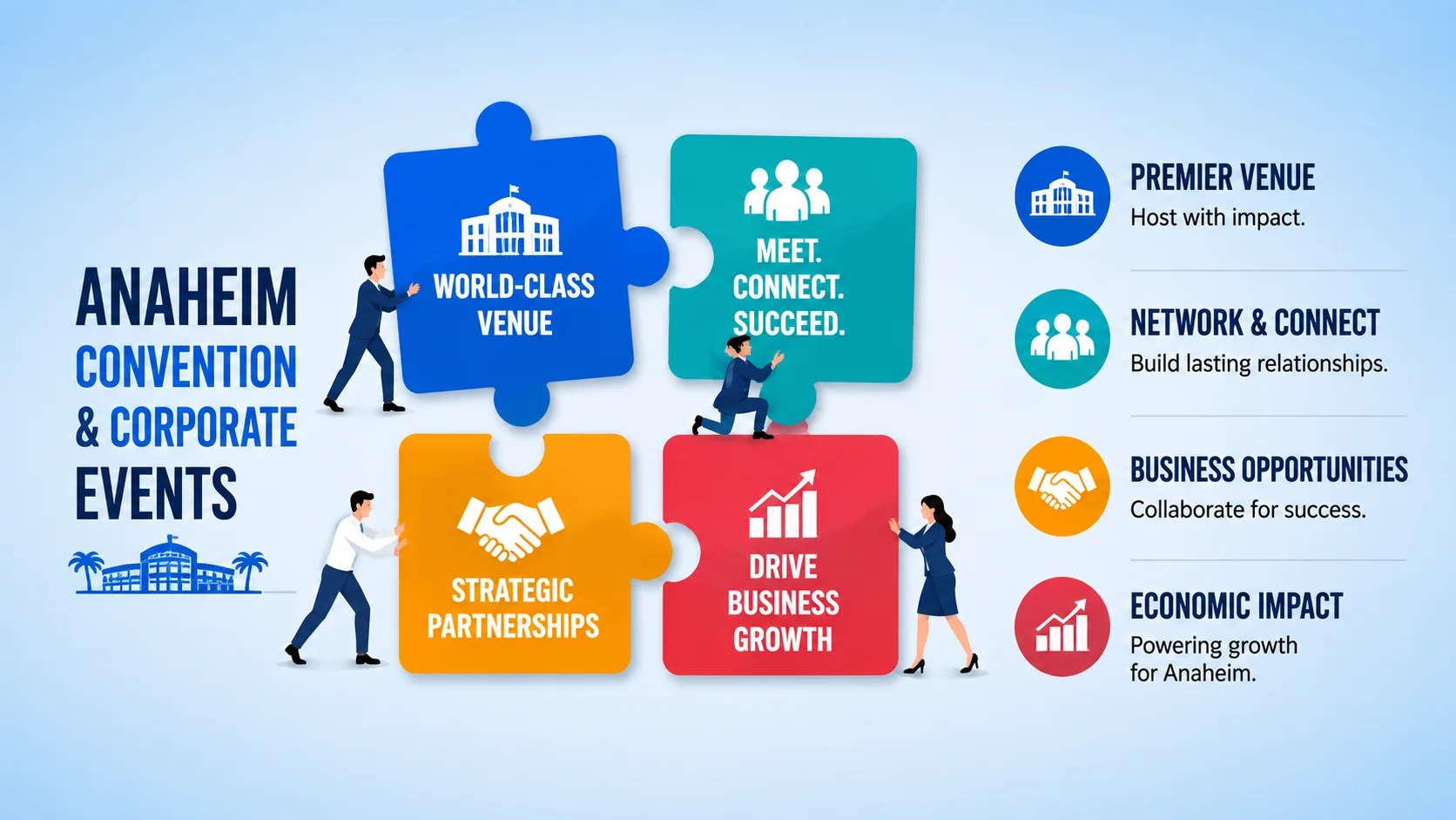 Anaheim Convention & Corporate Events. Four points: Premier Venue — Host with impact; Network & Connect — Build lasting relationships; Business Opportunities — Collaborate for success; Economic Impact — Powering growth for Anaheim.