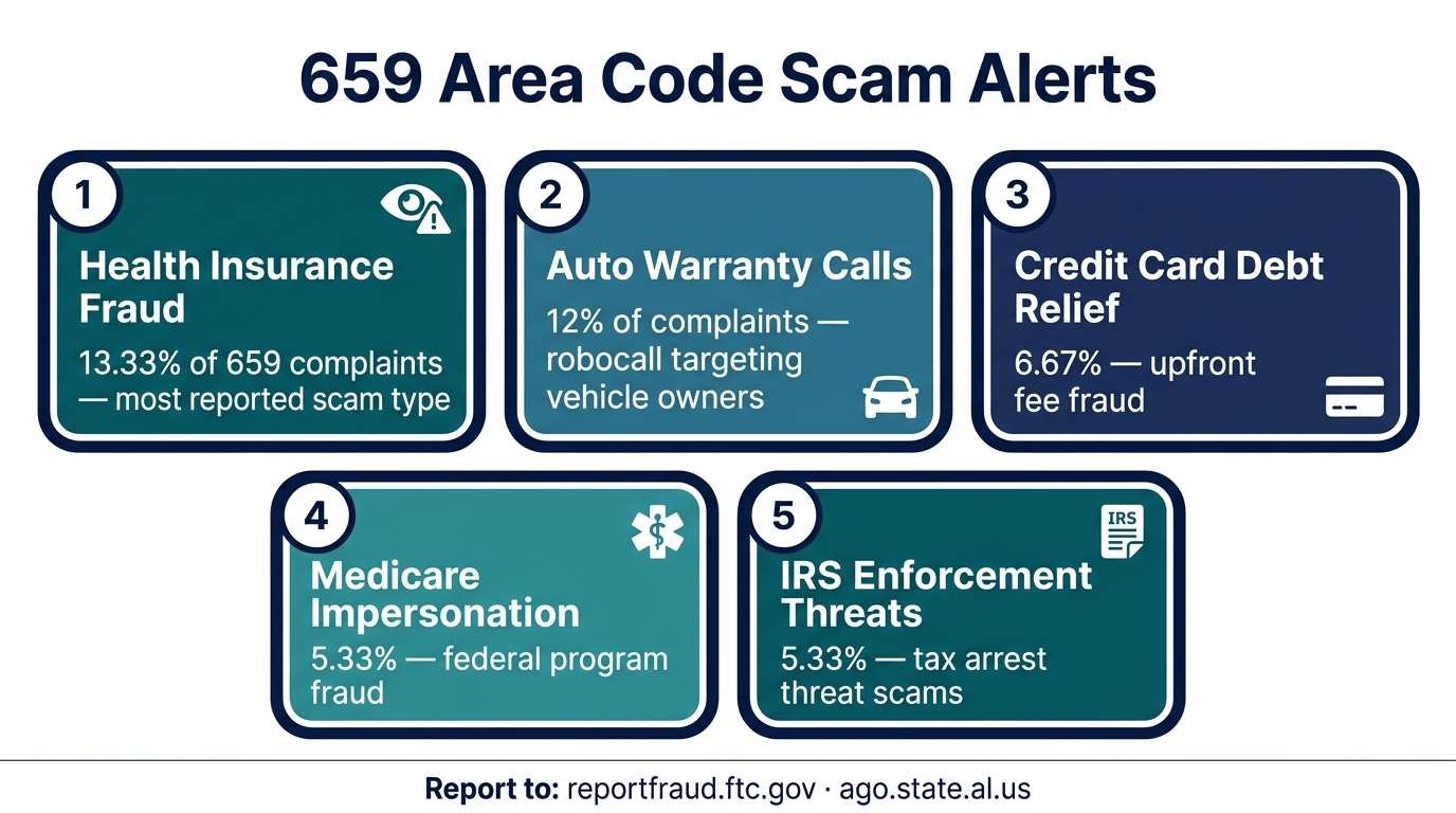 659 area code scam calls infographic showing health insurance fraud, auto warranty calls, credit card debt scams, Medicare impersonation, and IRS fraud targeting Birmingham, Tuscaloosa, Hoover, and Alabaster residents in the 659 and 205 territory