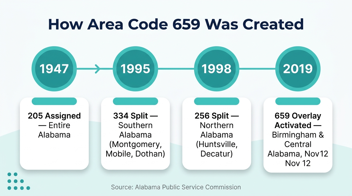 How area code 659 was created — timeline infographic showing the original 205 Alabama assignment in 1947, the 1995 334 split for southern Alabama, the 1998 256 split for northern Alabama, and the November 2019 659 overlay activation for Birmingham and central Alabama