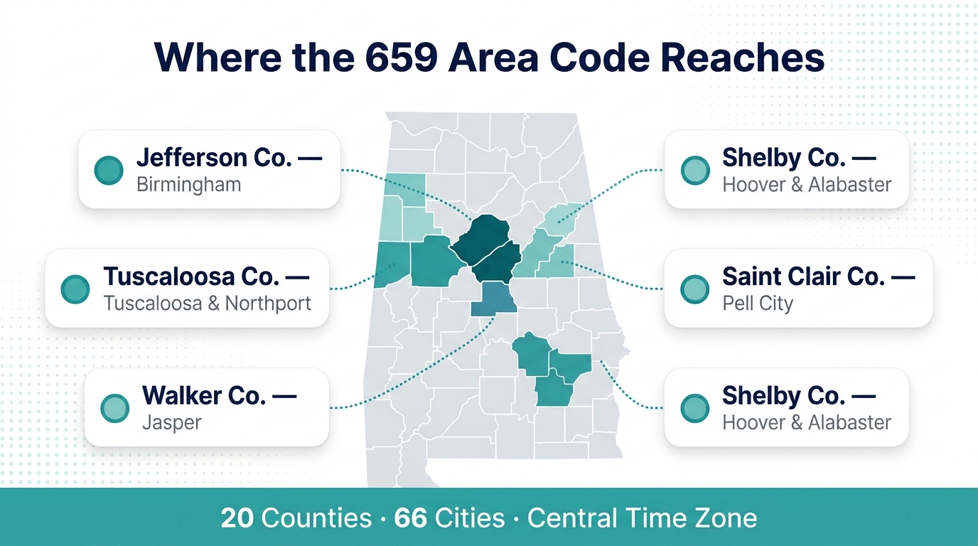 Where the 659 area code reaches — infographic showing Jefferson, Tuscaloosa, Shelby, Walker, and Saint Clair counties in central Alabama with city markers for Birmingham, Tuscaloosa, Hoover, Alabaster, Northport, and Trussville