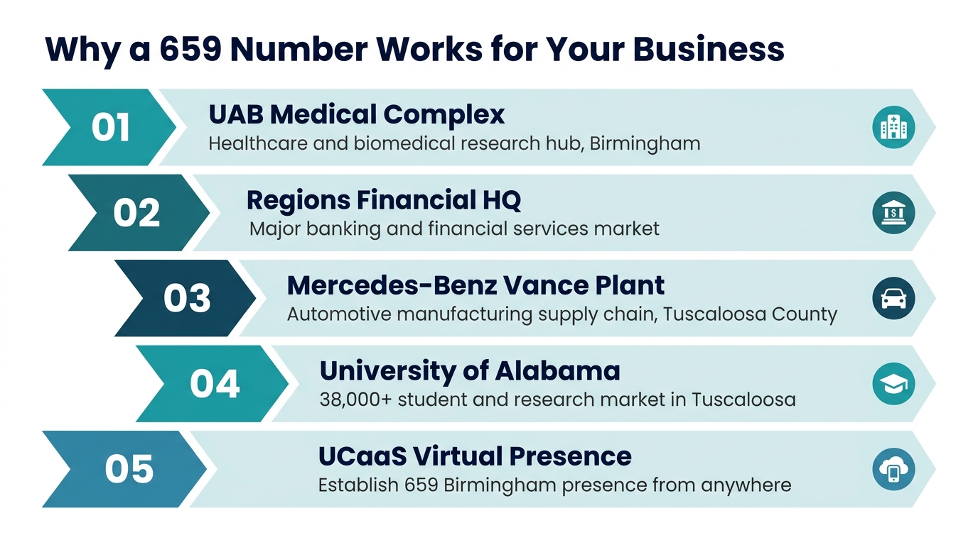 Why a 659 number is good for business — infographic showing UAB academic medical center, Regions Financial Corporation headquarters, Mercedes-Benz Vance plant, University of Alabama Tuscaloosa, Protective Life Corporation, and UCaaS virtual Birmingham-Tuscaloosa presence