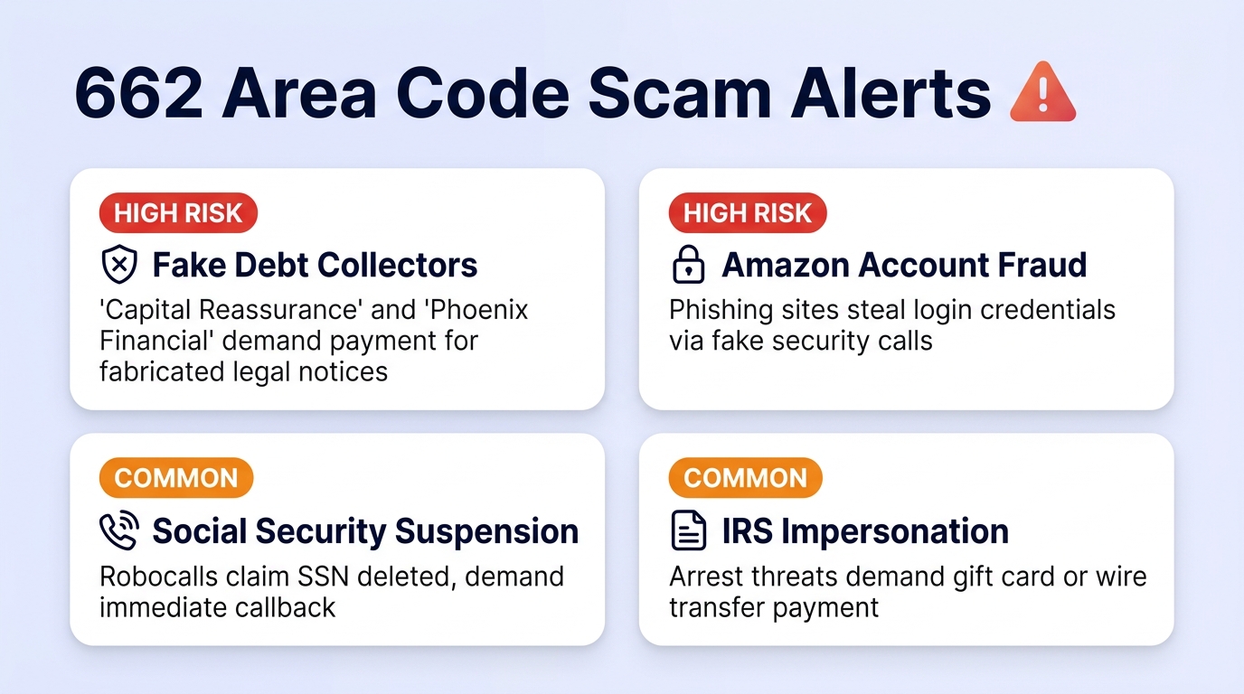 662 area code scam calls infographic showing fake debt collection fraud, Amazon security scams, Social Security suspension robocalls, and IRS impersonation targeting Tupelo, Southaven, Oxford, and Clarksdale residents in the 662 territory