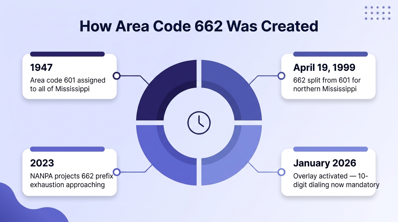 How area code 662 was created — timeline infographic showing the 1947 601 statewide assignment, the April 1999 662 geographic split for northern Mississippi, and the 2026 overlay activation