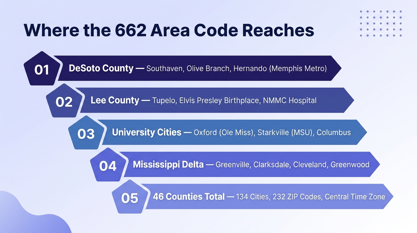 Where the 662 area code reaches — infographic showing northern Mississippi counties with city markers for Tupelo, Southaven, Olive Branch, Oxford, Starkville, Greenville, and Clarksdale