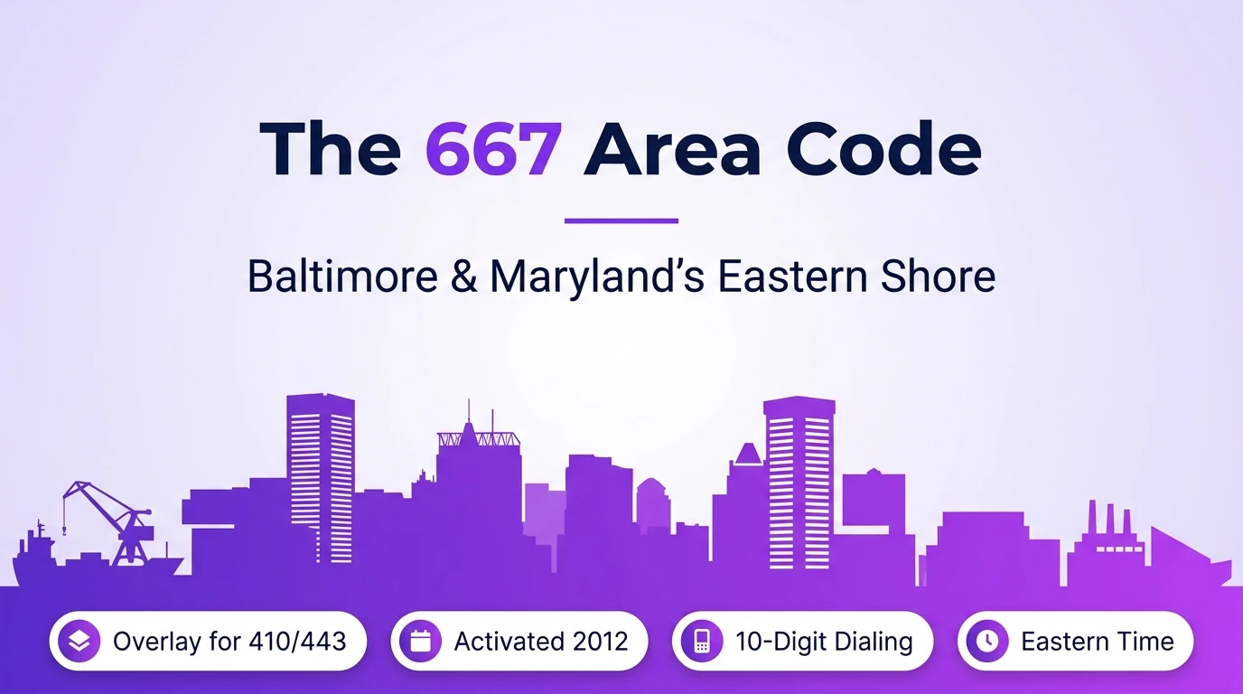 667 area code hero infographic for Baltimore, Columbia, Towson, Annapolis, Salisbury, and Easton across the Maryland 410/443/667 territory