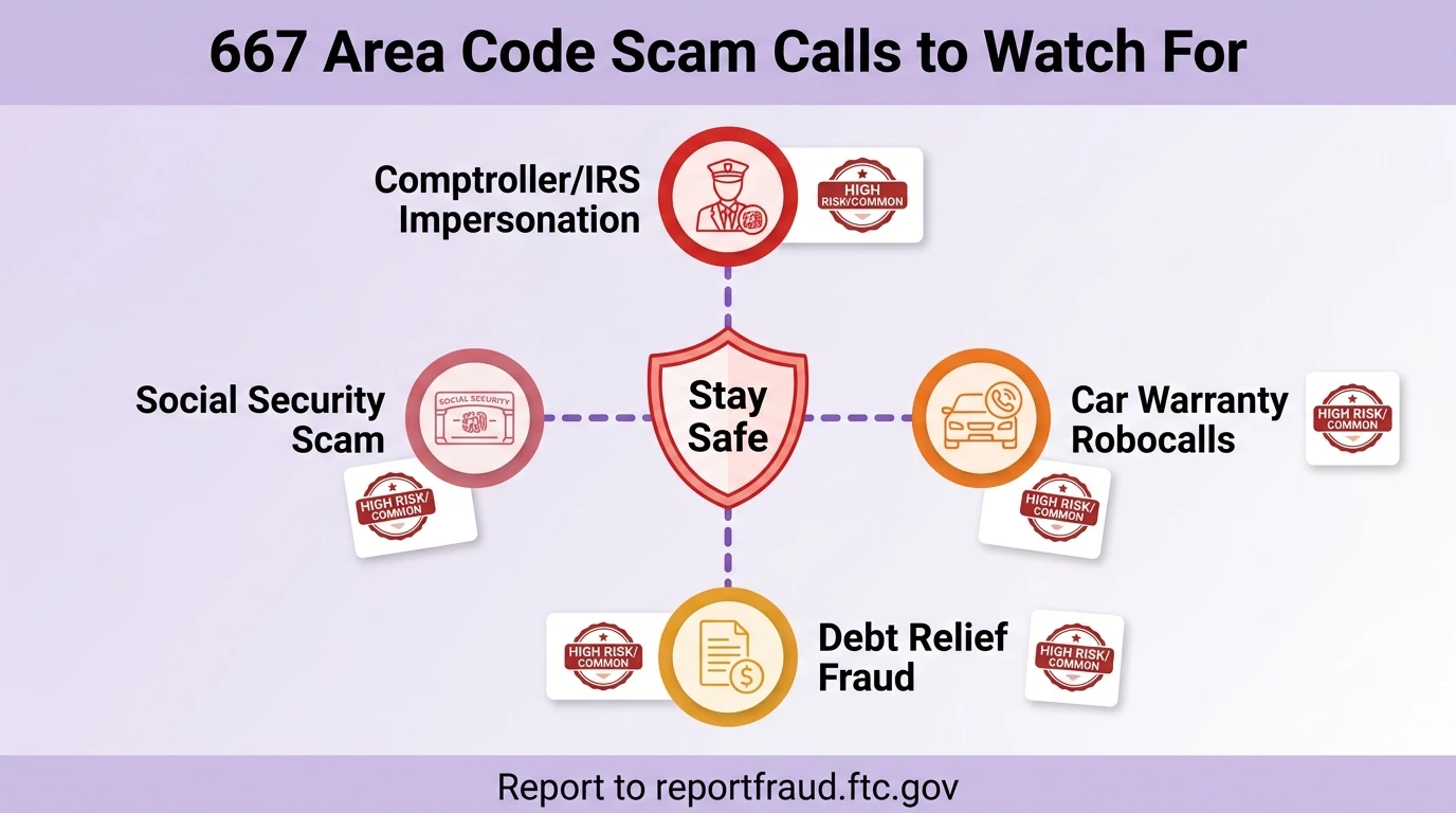 667 area code scam calls infographic showing fake Comptroller and IRS impersonation, extended car warranty robocalls, debt relief fraud, and Social Security suspension scams targeting Baltimore and Eastern Shore residents