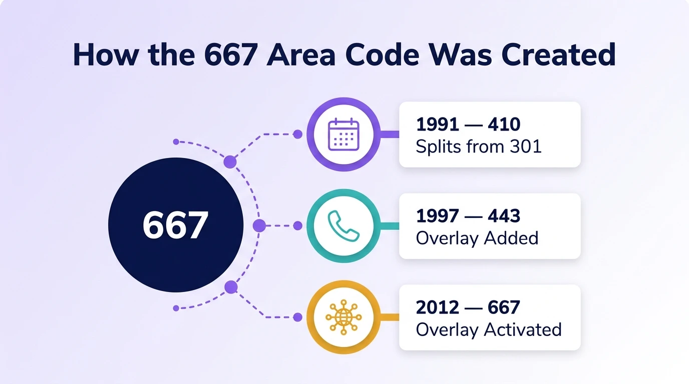 How area code 667 was created — timeline infographic showing the 1991 410 split from 301, the 1997 443 overlay, and the 2012 667 overlay activation in Maryland