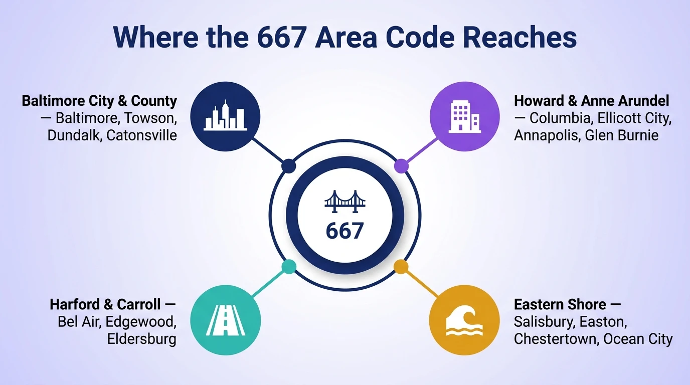 Where the 667 area code reaches — infographic showing Baltimore City, Baltimore County, Howard County, and Eastern Shore counties with city markers for Columbia, Towson, Annapolis, Salisbury, and Easton