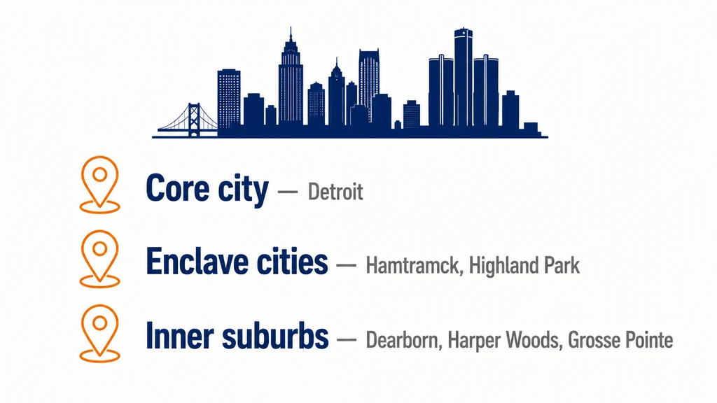 Detroit skyline graphic with a stacked list of Wayne County zones labeled core city, enclave cities, and inner suburbs, each row marked with a small orange location-pin icon
