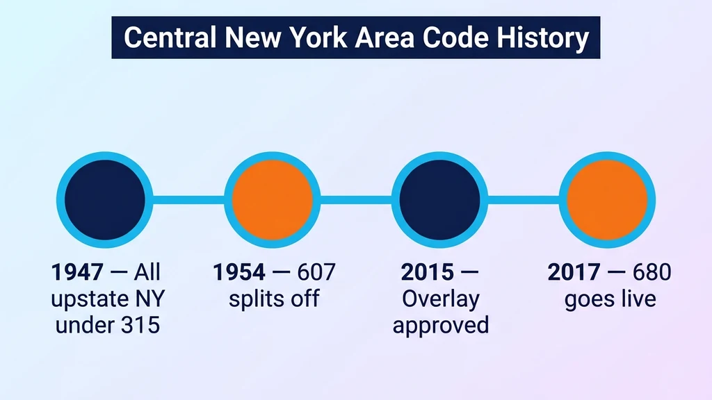 Blue-and-orange circle-node timeline titled Central New York Area Code History with four milestones: 1947 all upstate NY under 315, 1954 607 splits off, 2015 overlay approved, 2017 680 goes live