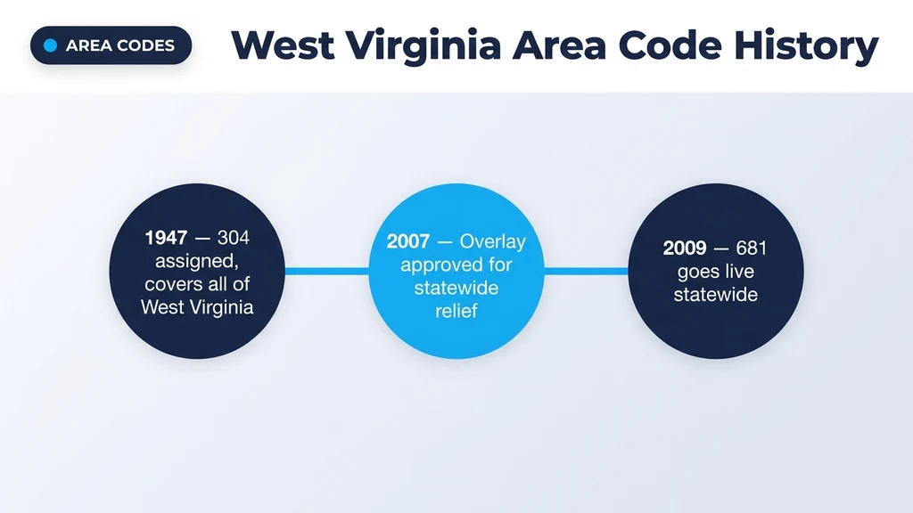 Blue-and-navy circle-node timeline titled West Virginia Area Code History with three milestones: 1947 304 assigned covering all of West Virginia, 2007 overlay approved for statewide relief, 2009 681 goes live statewide