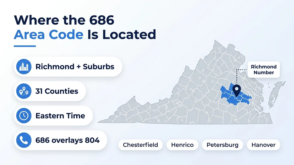 Blue silhouette map of Virginia with white rounded cards listing Richmond and inner suburbs, Northern Neck and Middle Peninsula, Eastern Time, and 686 overlays 804, plus a pin on Richmond