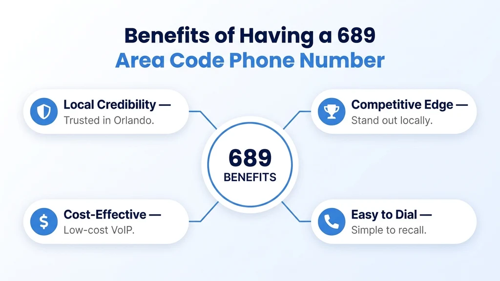 Radial diagram titled Benefits of Having a 689 Area Code Phone Number, with a central 689 Benefits circle connected to four pill cards: local credibility, competitive edge, cost-effective, and easy to dial