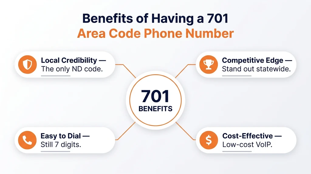 Radial diagram titled Benefits of Having a 701 Area Code Phone Number, with a central 701 Benefits circle connected to four pill cards: local credibility, competitive edge, cost-effective, and easy to dial