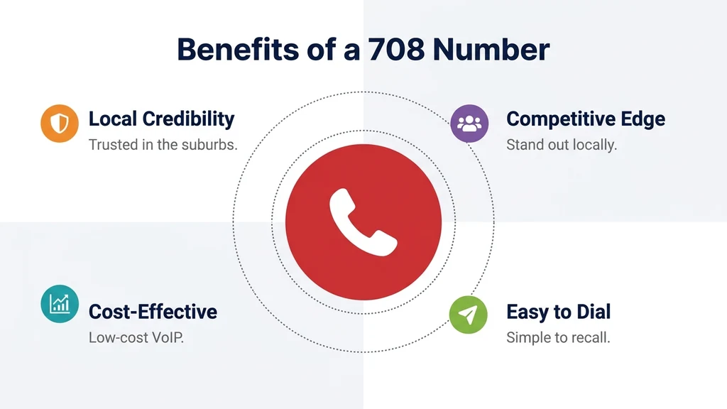 Center-circle diagram titled Benefits of a 708 Number, with four labeled quadrants: local credibility, competitive edge, cost-effective, easy to dial, arranged around a central icon