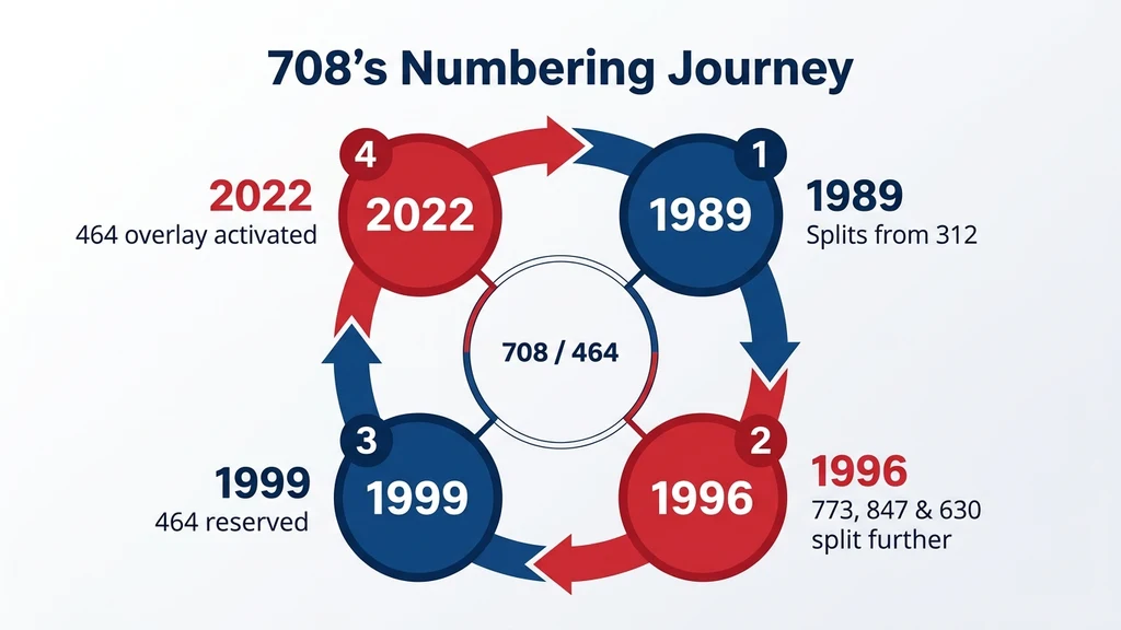 Circular flow chart with four connected arrow stages titled 708's Numbering Journey: 1989 splits from 312, 1996 773 and 847 and 630 split further, 1999 464 reserved, 2022 464 overlay activated