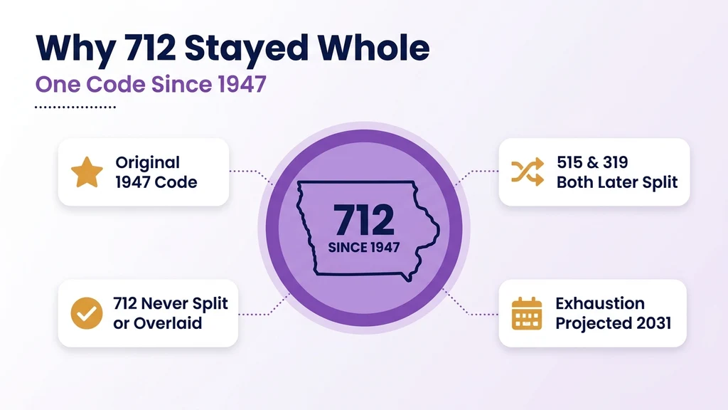 Circular diagram graphic titled Why 712 Stayed Whole, with western Iowa's outline inside a badge surrounded by cards for original 1947 code, no split ever, no overlay ever, and exhaustion projected 2031