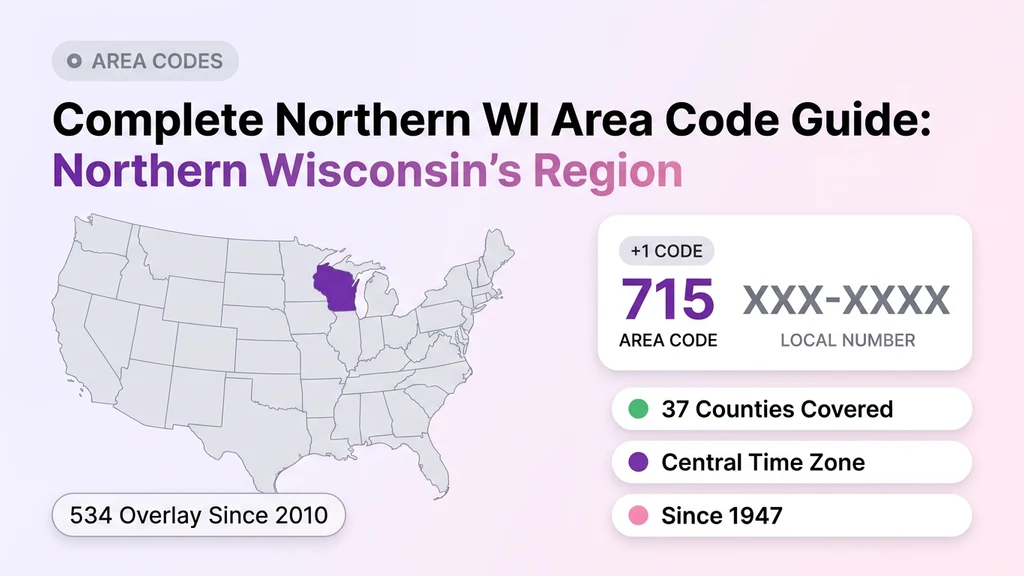 US map with Wisconsin highlighted and a 715 area code number card showing country code, area code, and local number format, next to activation and coverage stat pills