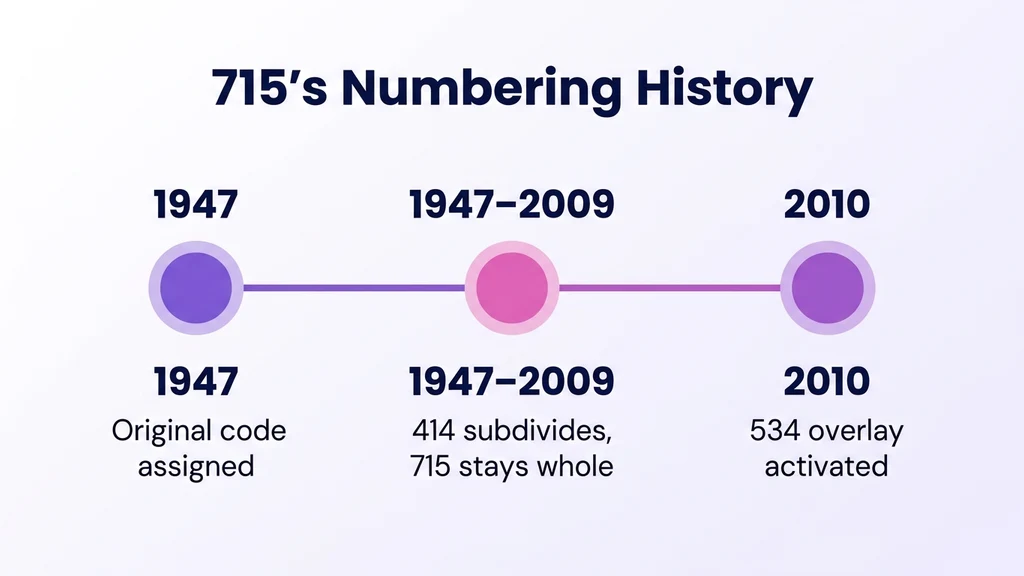 Circular timeline graphic titled 715's Numbering History with three milestones: 1947 original code assigned, later decades 414 subdivides while 715 stays whole, 2010 534 overlay activated