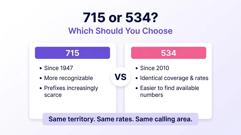 Side-by-side comparison graphic titled 715 or 534, Which Should You Choose, showing two matching cards with identical coverage, rates, and dialing rules, differing only in number availability
