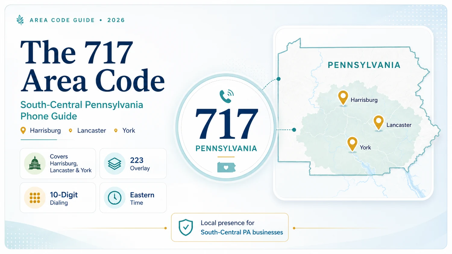 The 717 Area Code — South-Central Pennsylvania Phone Guide. Area Code Guide 2026. Harrisburg, Lancaster, York. Covers Harrisburg, Lancaster and York. 223 overlay. 10-digit dialing. Eastern Time. Pennsylvania state outline showing three pin markers at Harrisburg, Lancaster, and York. Local presence for South-Central PA businesses.