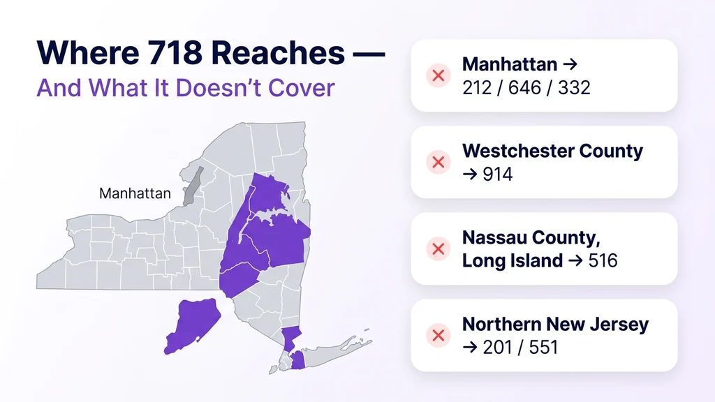 US map with New York highlighted and NYC's outer boroughs marked, next to a list of area codes 718 does not cover including Manhattan, Westchester, and New Jersey
