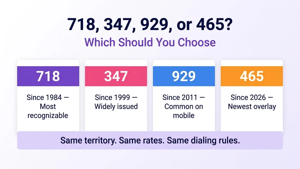 Four-column comparison graphic titled 718, 347, 929, or 465, Which Should You Choose, showing matching cards for each code with identical coverage but different launch years