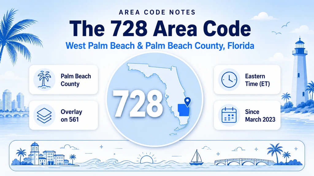 Light blue phone guide banner with a Florida silhouette pinned on Palm Beach County and icon callouts for coverage, dialing, and time zone
