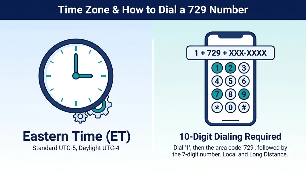 Teal icon graphic showing a clock labeled Eastern Time next to a phone dial-pad icon showing the ten-digit dialing pattern for a 729 number