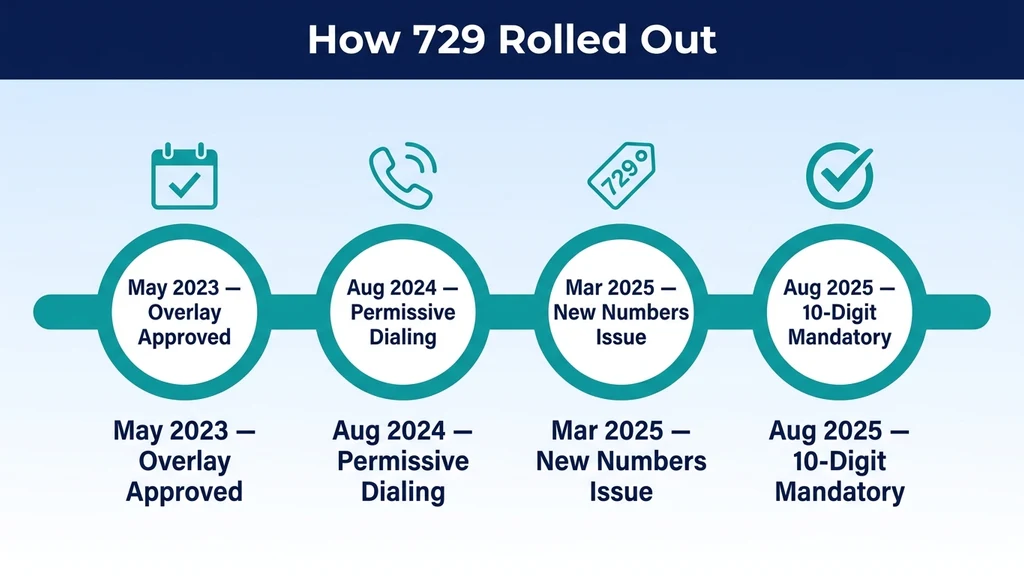 Teal timeline graphic titled How 729 Rolled Out, showing three connected milestones: overlay approved May 2023, permissive dialing August 2024, and mandatory 10-digit dialing August 2025