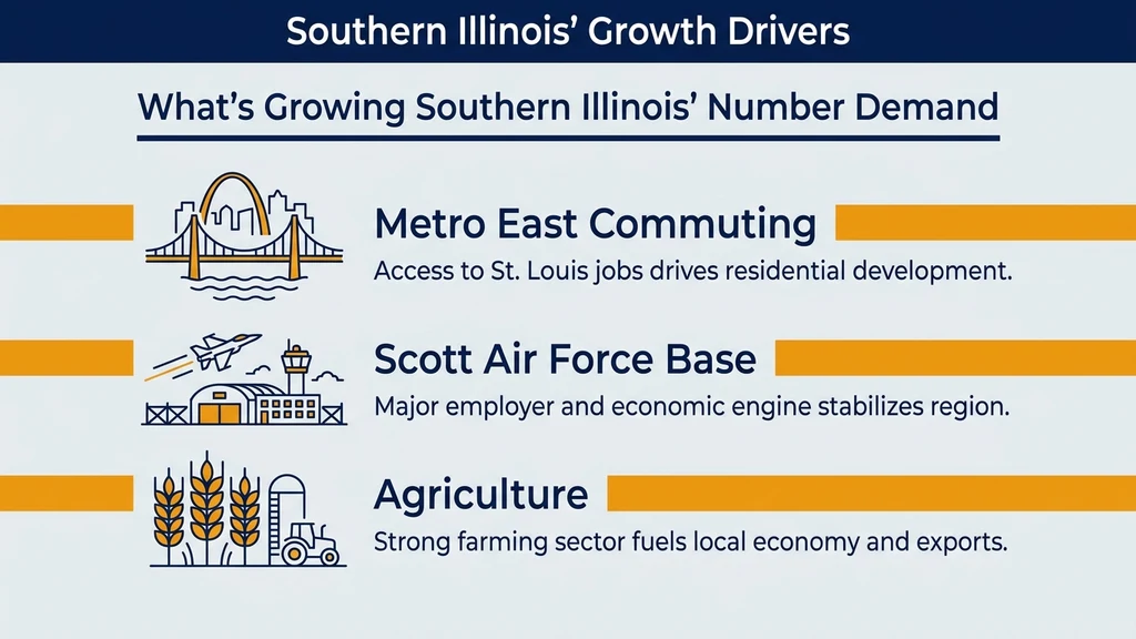 Editorial stat graphic titled What's Growing Southern Illinois' Number Demand, with three orange-barred rows for Metro East/St. Louis commuting, Scott Air Force Base, and agriculture