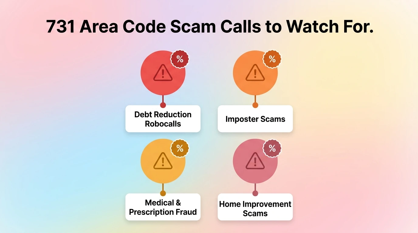 731 area code scam calls infographic showing debt reduction robocalls, imposter scams, medical and prescription fraud, and home improvement scams targeting West Tennessee residents