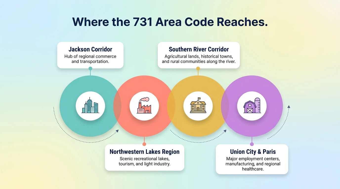 Where the 731 area code reaches — infographic showing West Tennessee counties with city markers for Jackson, Dyersburg, Union City, Paris, Savannah, and Brownsville