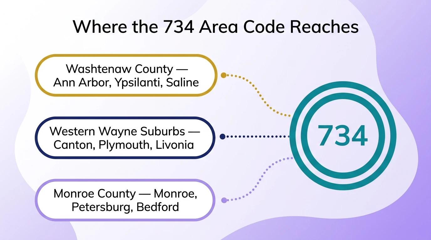 Where the 734 area code reaches — infographic showing Washtenaw, Monroe, and western Wayne counties with city markers for Ann Arbor, Ypsilanti, Canton, Plymouth, and Monroe