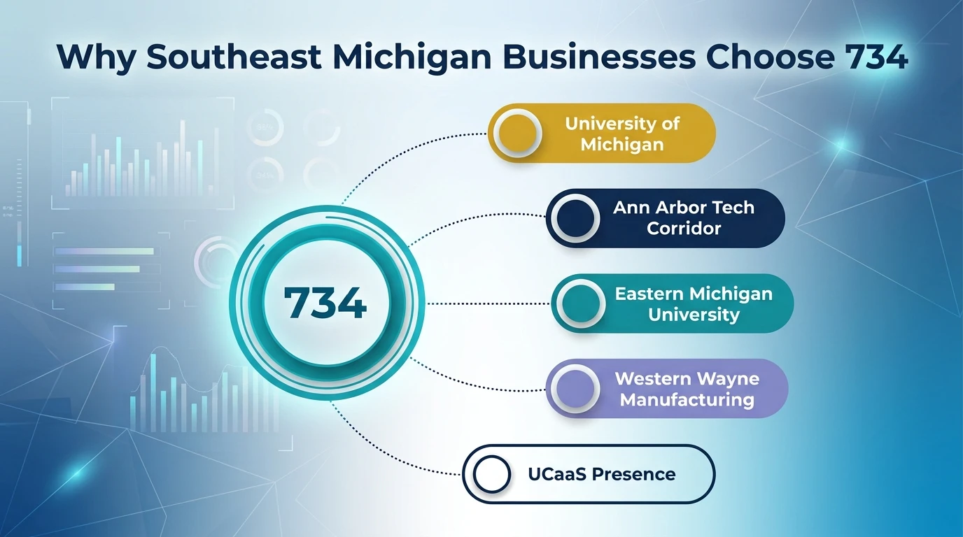 Why a 734 number is good for business — infographic showing the University of Michigan, Google Ann Arbor, Toyota Motor North America R&D, and UCaaS virtual southeast Michigan presence