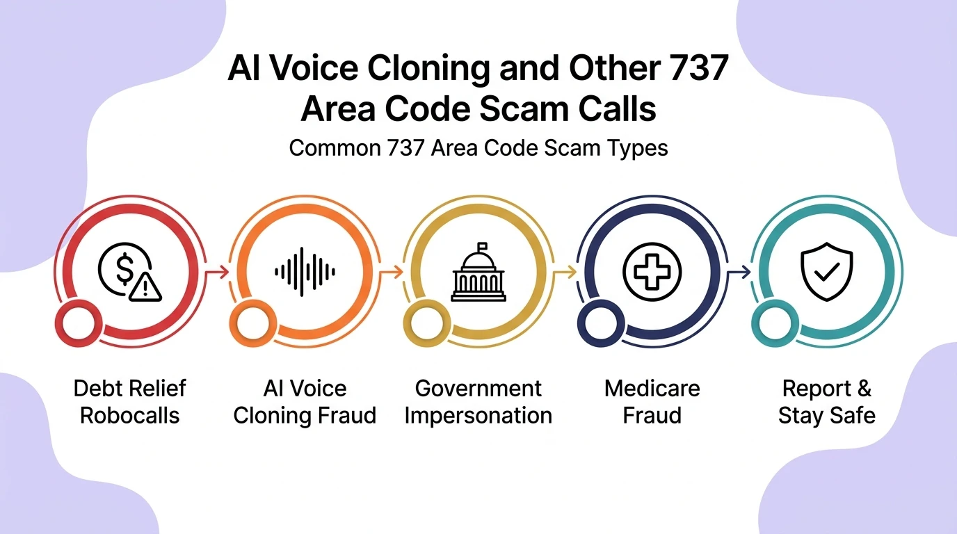 737 area code scam calls infographic showing debt relief robocalls, AI voice cloning fraud, government agency impersonation, and Medicare fraud targeting Austin and Central Texas residents