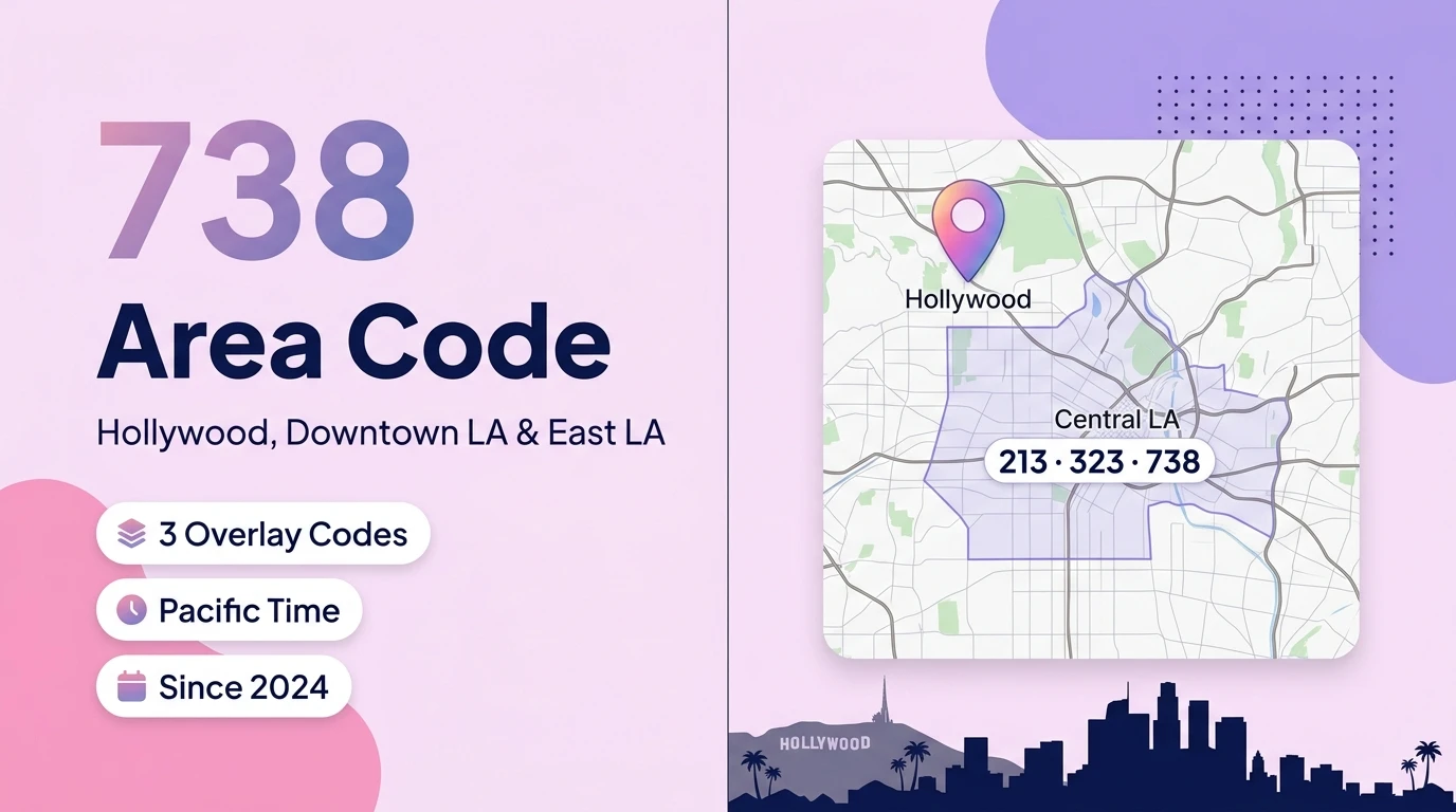 738 area code hero infographic for Hollywood, East Los Angeles, Boyle Heights, Silver Lake, and South Gate across Central Los Angeles
