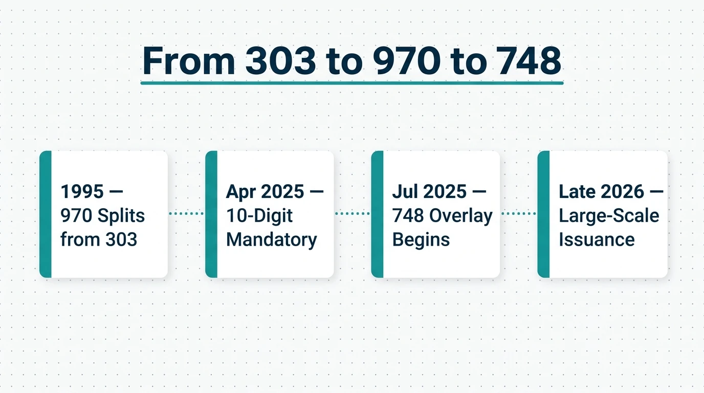 How area code 748 was created — timeline infographic showing the 1995 970 split from 303 and the July 2025 748 overlay activation for northern and western Colorado
