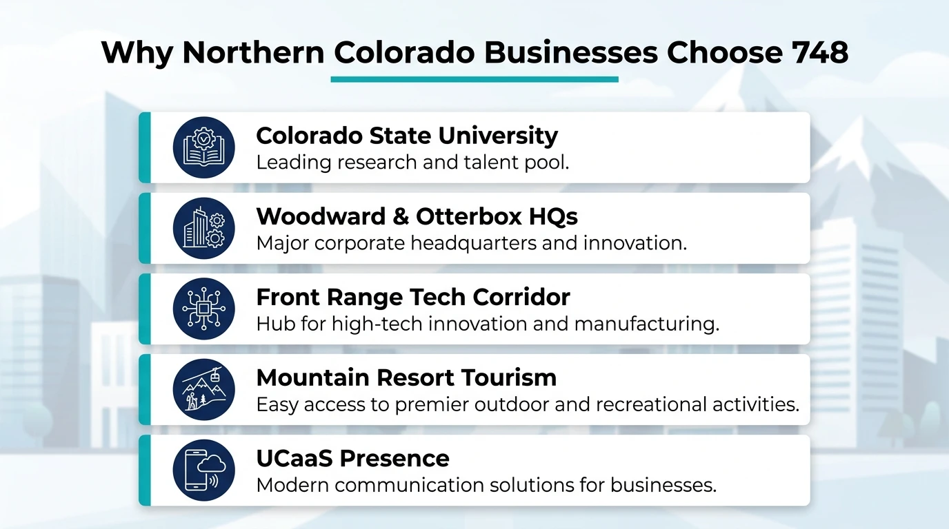 Why a 748 number is good for business — infographic showing Colorado State University, Woodward headquarters, Otterbox headquarters, and UCaaS virtual Northern Colorado presence