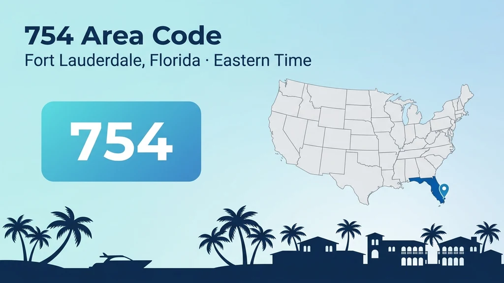 Map of the United States with Florida highlighted and a pin over Fort Lauderdale, a bold 754 area code badge, and a coastal skyline silhouette