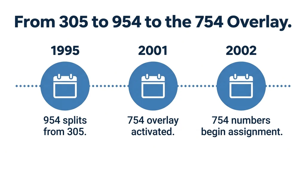 Timeline graphic showing area code 305 splitting into 954 in 1995, then 754 added as an overlay in 2001