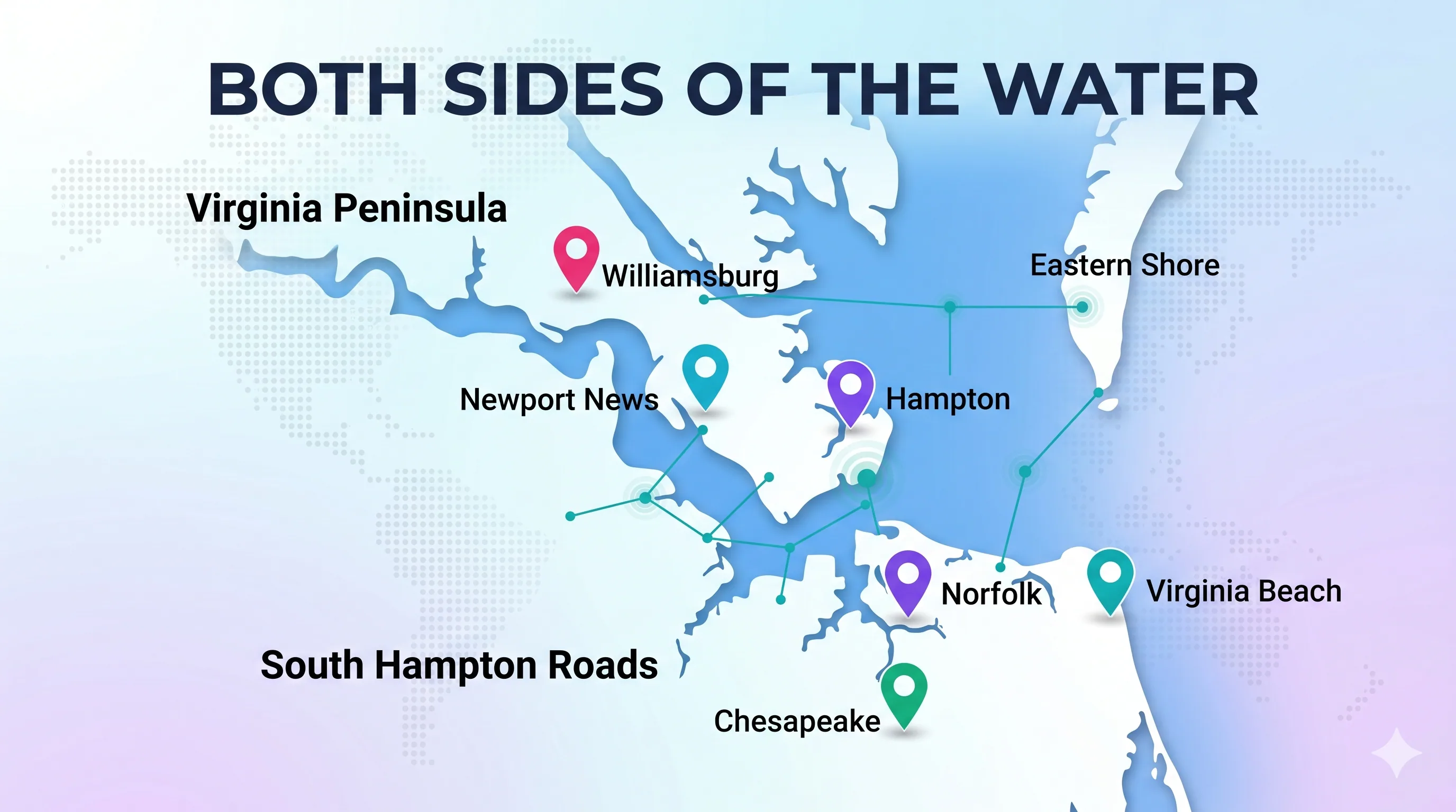 Map of 757 cities across both sides of the water, including Virginia Beach, Norfolk, Chesapeake, Newport News, Hampton, and Williamsburg