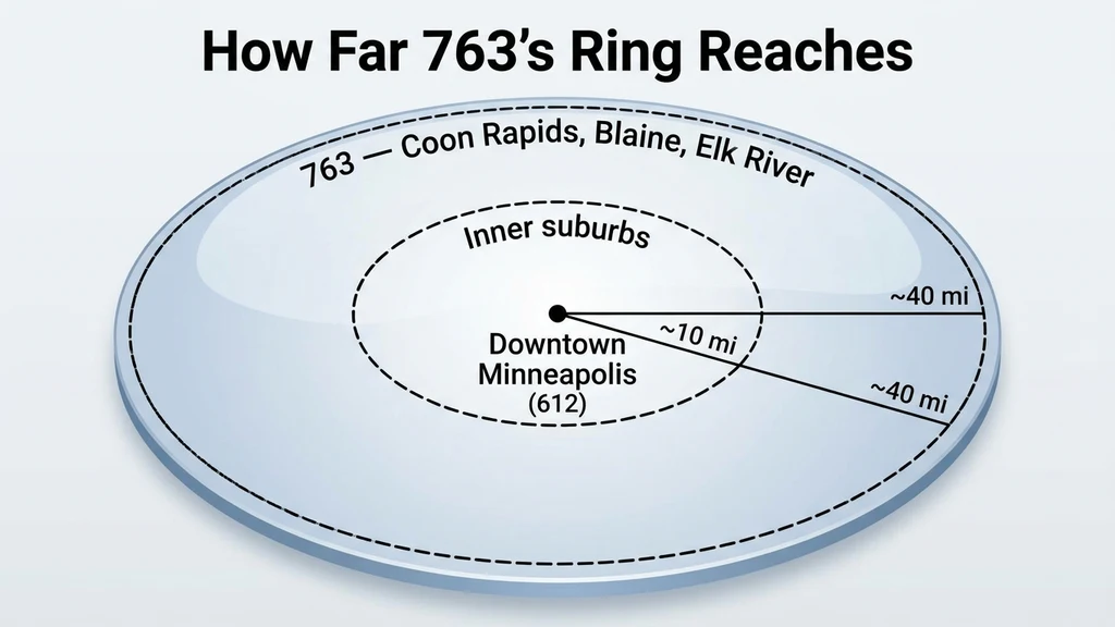 Concentric circle diagram showing downtown Minneapolis at the center, with inner-ring suburbs and the outer 763 suburban ring marked at increasing distances