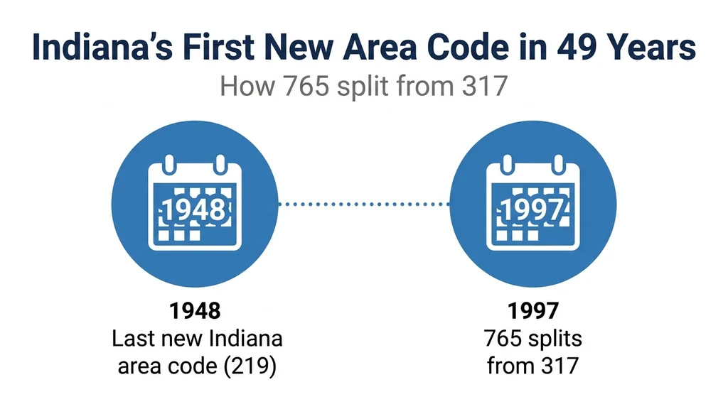 Timeline graphic showing area code 765 splitting from 317 in February 1997, Indiana's first new area code since 1948