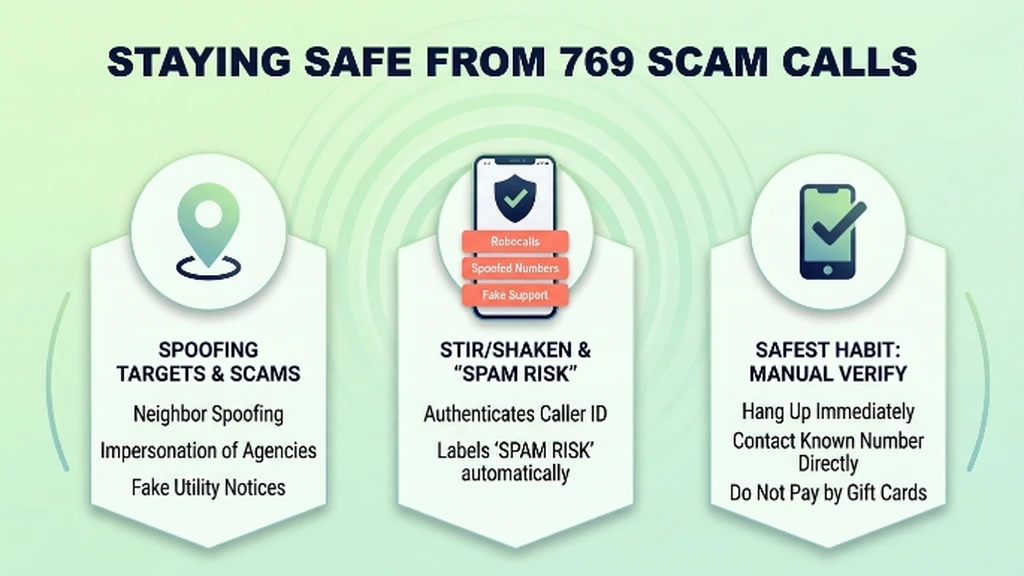 Phone showing a Spam Risk warning with coral cards for robocalls, spoofed numbers and fake support, plus a navy safety shield