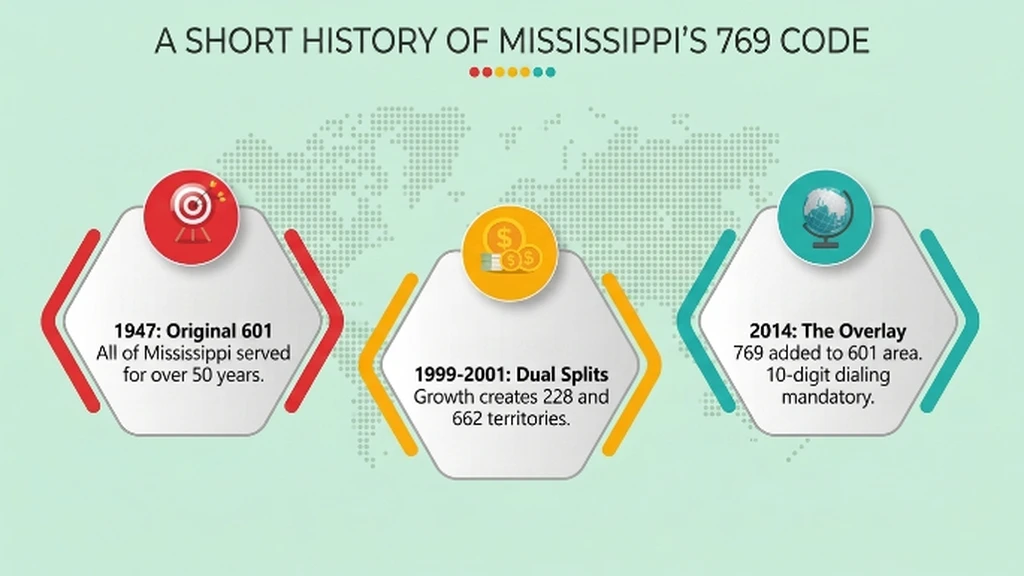 Timeline infographic tracing Mississippi's area code history from the original statewide 601 code, through the 228 and 662 splits, to the 769 overlay added in 2014, on a pale blue background with a ghosted Mississippi outline