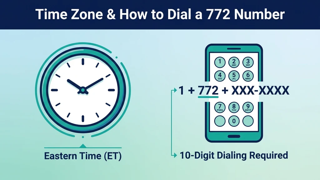 Icon graphic showing a clock labeled Eastern Time next to a phone dial-pad icon showing the ten-digit dialing pattern for a 772 number