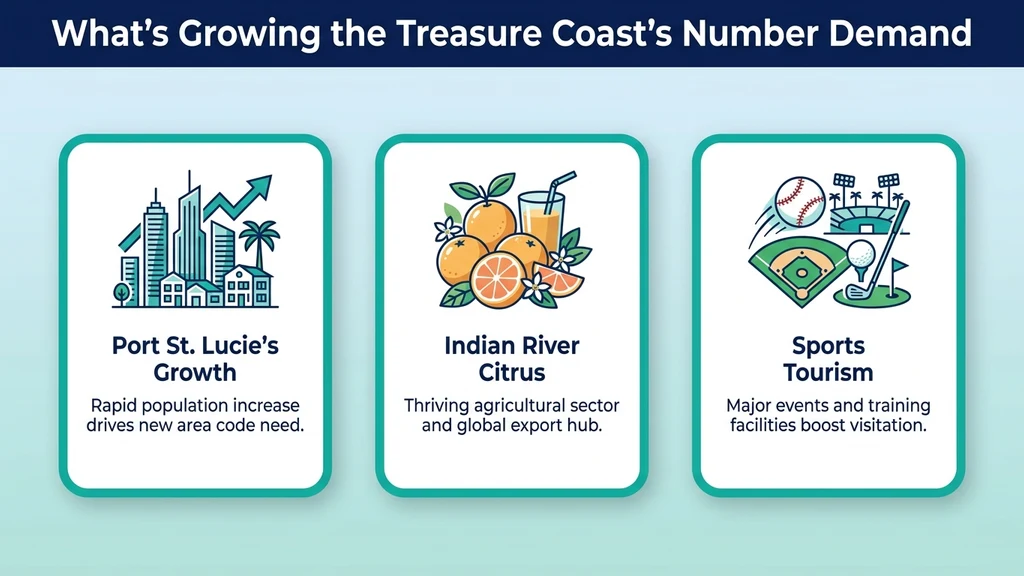 Editorial stat graphic titled What's Growing the Treasure Coast's Number Demand, with rows for Port St. Lucie's population growth, Indian River citrus, and sports tourism
