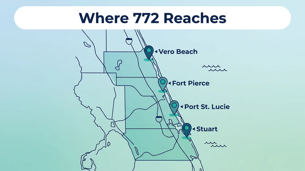 Coastal map graphic with Florida's Treasure Coast highlighted and pins for Port St. Lucie, Fort Pierce, Vero Beach, and Stuart