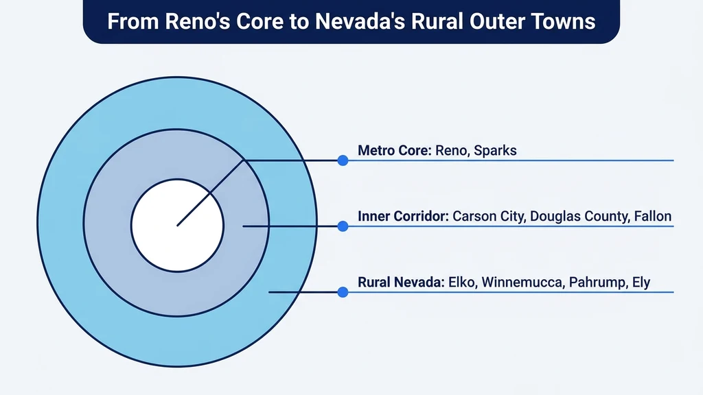 Concentric map graphic showing three rings around Reno: metro core, inner corridor, and rural outer towns across northern and rural Nevada